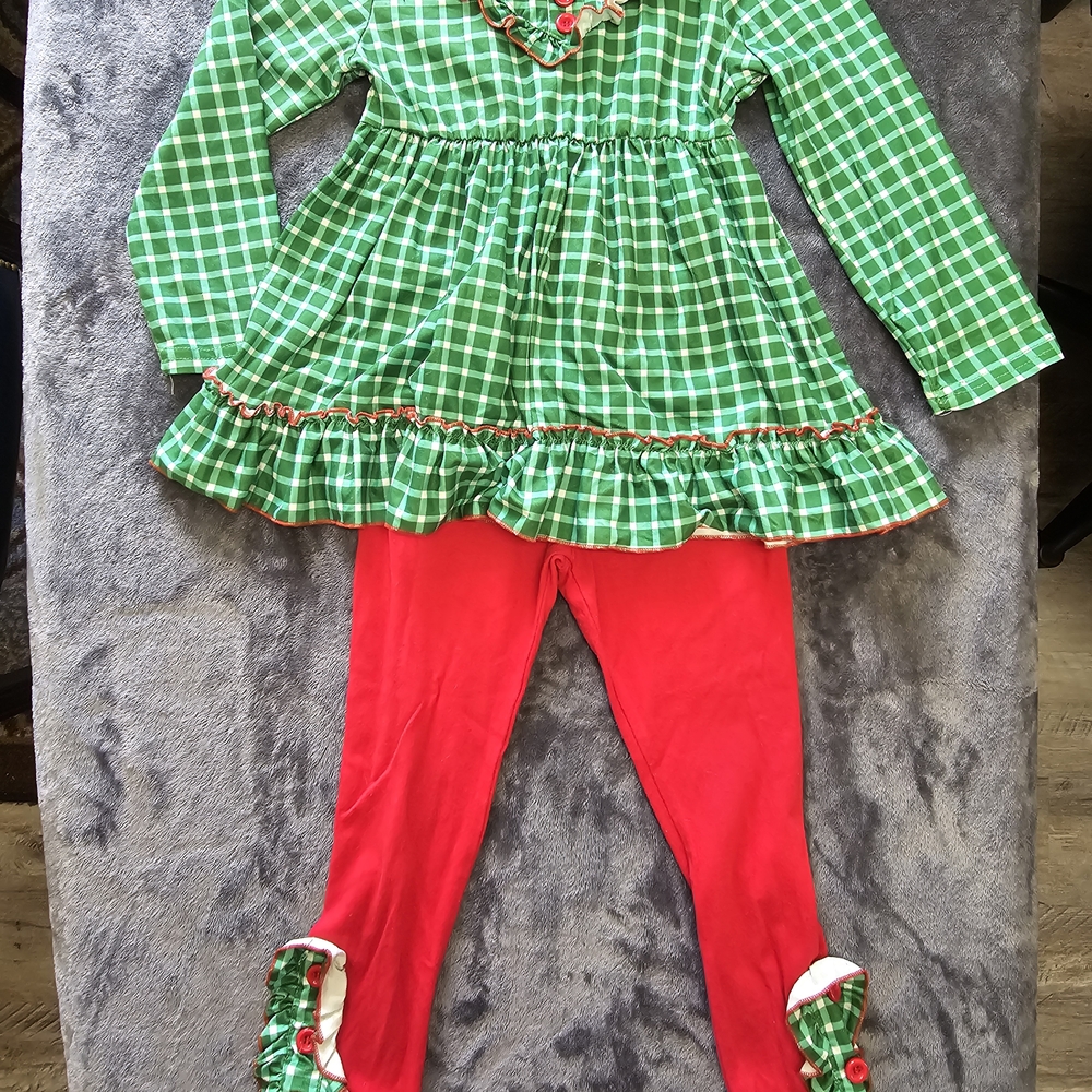 Green Plaid Kids Matching Set with Red Leggings for Christmas Holiday Seasonal